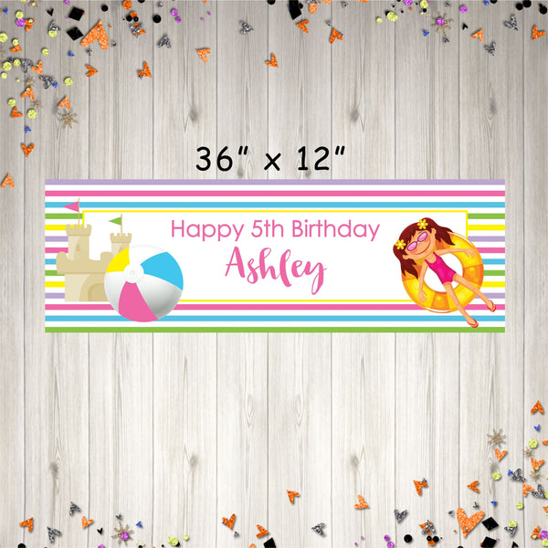 Pool Party Birthday Banner, Girls Summer Pool Party Banner, Personalized Banner - Printed and Shipped