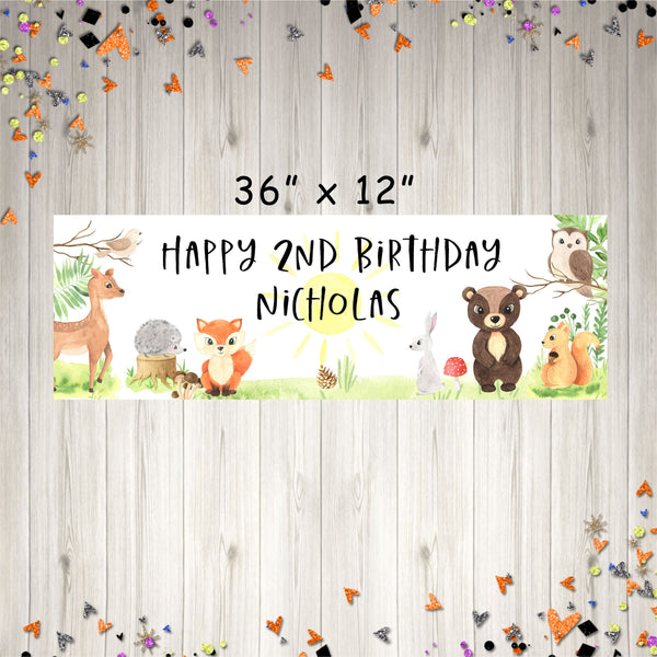 Woodland Animals Birthday Party Banner, 1st Birthday Banner, Personalized Banner - Printed and Shipped