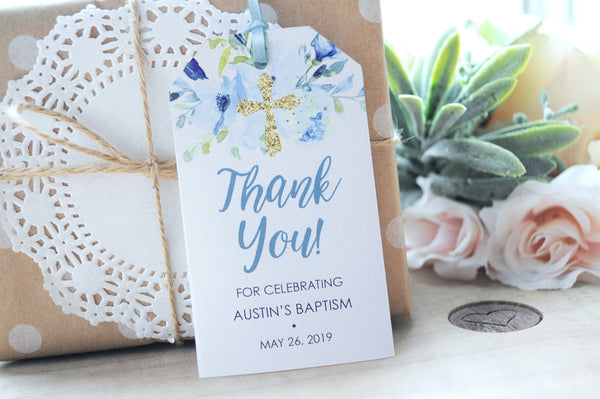 Baptism Favor Tags Boy, Thank You Tags First Holy Communion Favor Tags, Baby Christening, Blue Floral Gold Cross Personalized - Set of 12