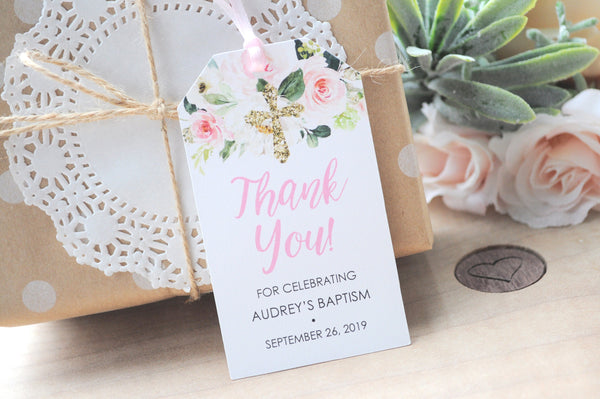 Baptism Favor Tags Girl, Thank You Tags First Holy Communion Favor Tags, Baby Christening, Blush Floral Gold Cross Personalized - Set of 12