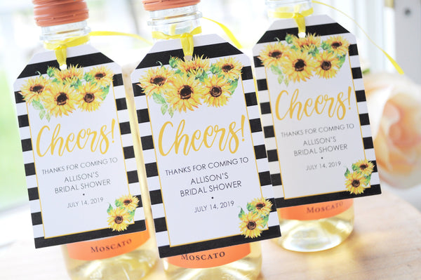Sunflower Bridal Shower Favors Tags for Mini Wine Bottles, Fall Wedding Favors, Mini Champagne Tags, Personalized Wedding Tags - Set of 12