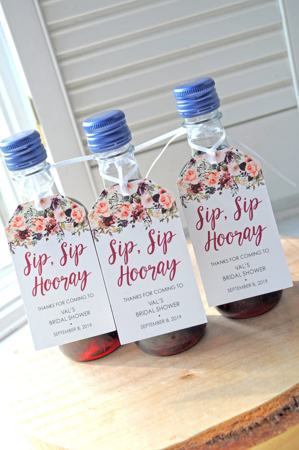 Sip Sip Hooray Bridal Shower Favors Tags for Mini Wine Bottles, Fall Floral Wedding Favors, Mini Champagne Tags - Set of 12