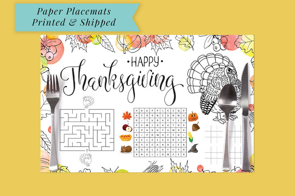 Thanksgiving Paper Placemats Kids Coloring Page Activity Placemat, Happy Thanksgiving Decorations Tableware - Printed & Shipped Set of 6