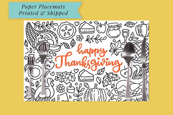 Kids Thanksgiving Coloring Page Activity Placemat, Happy Thanksgiving Paper Placemats Decorations Tableware - Printed & Shipped Set of 6