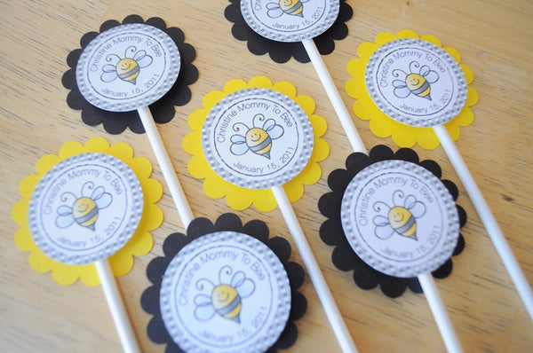 Bee Baby Shower Cupcake Toppers, Bumble Bee Theme Mommy To Bee, Girl Baby Shower, Boy Baby Shower, Ba-Bee Baby Shower Decoration - Set of 12