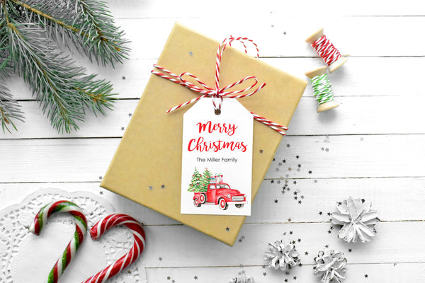 Christmas Gift Tags, Merry Christmas Personalized Tags Gift Labels, Christmas Truck Gift Tags, Happy Holidays Gift Wrapping - Set of 12 Tags