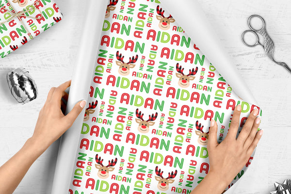 Personalized Christmas Gift Wrap, Reindeer Boy Personalized Name Wrapping Paper, Gift Wrap Sheets, Holiday Wrapping Paper, Unique Christmas