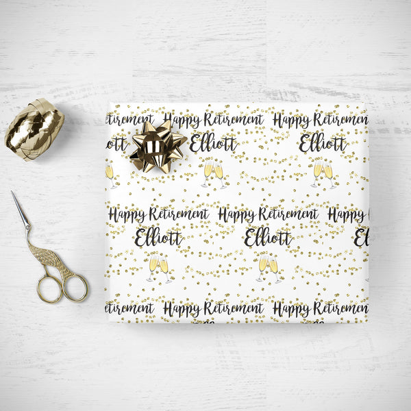 Happy Retirement Wrapping Paper, Personalized Retirement Gift Wrap, Gift Wrap Sheets, Unique Retired Present Wrapping Gold Retirement