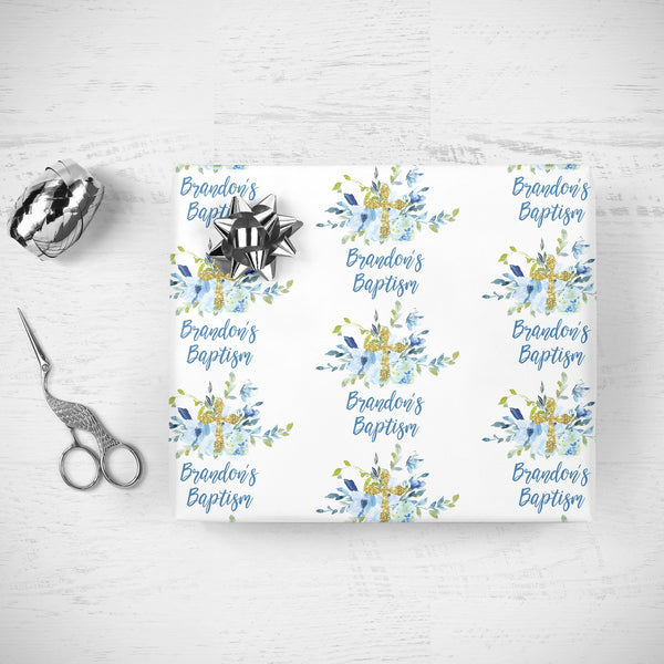 Boys Baptism Gift Wrap Sheets Personalized Baptism Wrapping Paper Blue Floral, Unique Baby Baptism Present Wrapping Paper