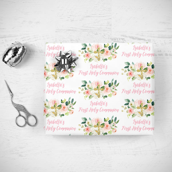 Girls First Holy Communion Gift Wrap Sheets, Personalized First Holy Communion Wrapping Paper, Pink Blush Floral Gold Cross Wrapping Paper