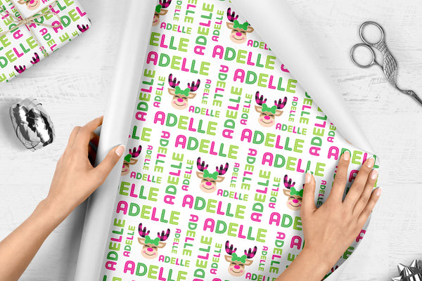 Personalized Name Wrapping Paper Girl Reindeer, Personalized Christmas Gift Wrap, Gift Wrap Sheets, Holiday Wrapping Paper, Unique Christmas