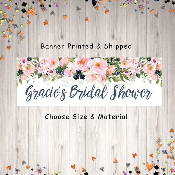 Bridal Shower Banner Blush Pink Navy Floral Bridal Shower Decorations, Bridal Shower Sign, Wedding Shower Banner, Printed & Shipped