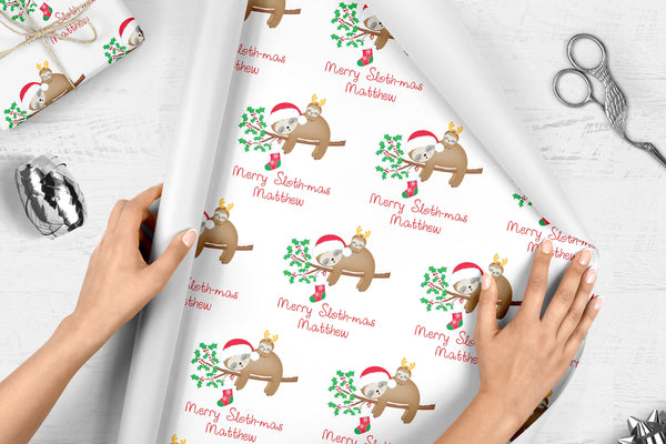 Sloth Christmas Gift Wrap Personalized Name Wrapping Paper, Gift Wrap Sheets, Holiday Wrapping Paper, Unique Christmas Gift Wrapping Paper