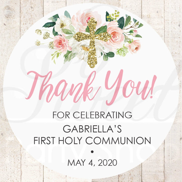 First Holy Communion Favor Stickers, Girls 1st Holy Communion Thank You Favor Stickers, Baby Christening Baptism Goodie Bag Tag - Set of 24