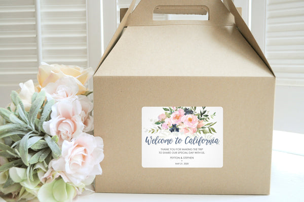 Wedding Welcome Gable Boxes and Stickers, Wedding Hotel Guest Welcome Boxes, Pink Blush Navy Floral Bridal Shower, Bachelorette - Set of 6