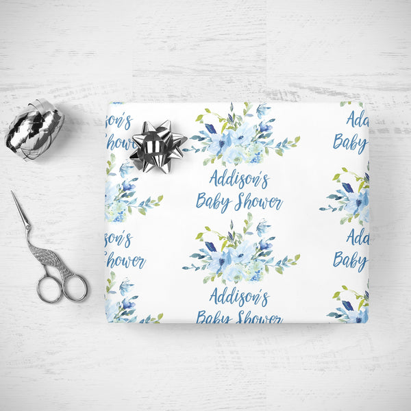 Baby Shower Wrapping Paper, Personalized Baby Shower Gift Wrap, Gift Wrap Sheets, Unique Present Wrapping Paper Blue Floral It&#39;s a Boy Gift