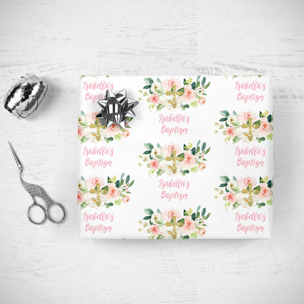 Girls Baptism Gift Wrap Sheets Personalized Baptism Wrapping Paper Pink Blush Floral, Unique Baby Baptism Present Wrapping Paper