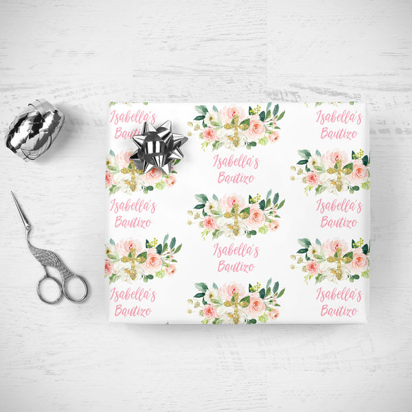 Girls Bautizo Gift Wrap Sheets Personalized Baptism Wrapping Paper Pink Blush Floral, Unique Baby Spanish Baptism Present Wrapping Paper