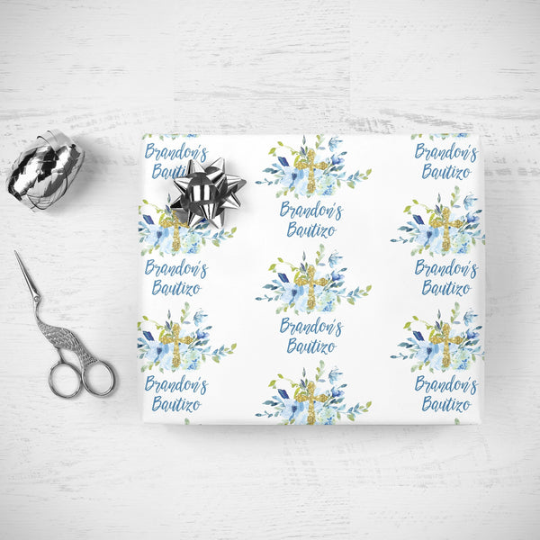 Boys Bautizo Gift Wrap Sheets Personalized Baptism Wrapping Paper Blue Floral, Unique Baby Spanish Baptism Present Wrapping Paper