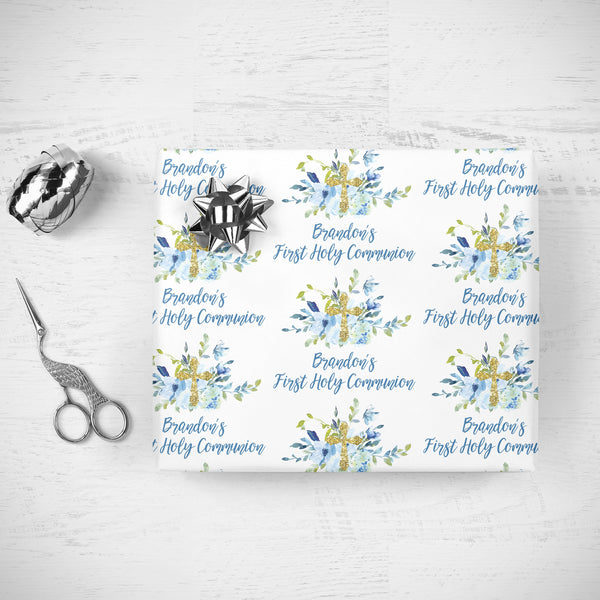 Boys First Holy Communion Gift Wrap Sheets, Personalized First Holy Communion Wrapping Paper Blue Floral Gold Cross Wrapping Paper