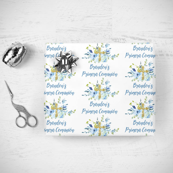 Boys Primera Comunion Gift Wrap Sheets Personalized First Holy Communion Wrapping Paper Blue Floral, Spanish Comunion Wrapping Paper