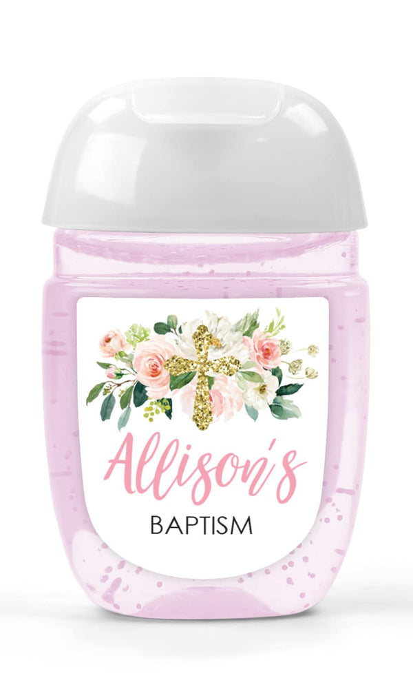 Baptism Hand Sanitizer Favor Labels   Hand Sanitizer Labels, Baptism Christening Favors Blush Floral Gold Cross - Set of 30 Labels