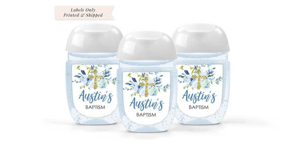 Baptism Hand Sanitizer Favors Label   Hand Sanitizer Labels Boy Baptism Christening Favors Blue Floral Gold Cross - Set of 30 Labels