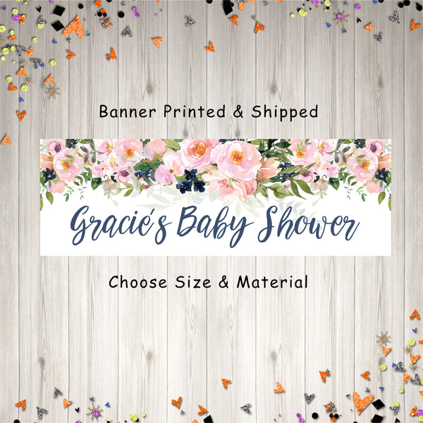 Baby Shower Banner Girl Baby Shower Banner, It&#39;s A Girl Baby Shower Banner Blush Pink Navy Blue Floral Decorations, Printed & Shipped