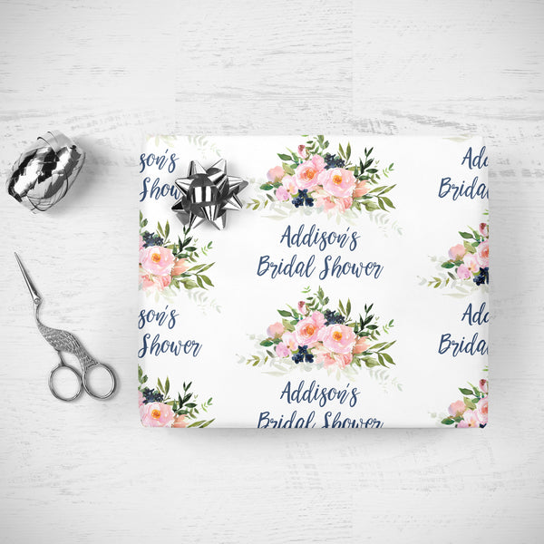 Bridal Shower Wrapping Paper Pink Blush Navy Floral, Personalized Bridal Shower Wedding Gift Wrap Sheets, Unique Present Wrapping Paper
