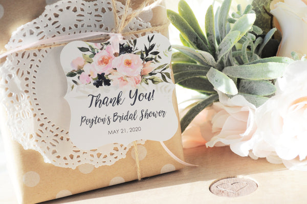 Bridal Shower Favor Thank You Tags, Wedding Favors Personalized Wedding Tags, Pink Navy Blue Floral Shower Hang Tags - Set of 12