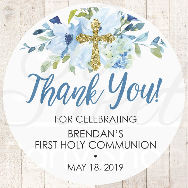 First Holy Communion Favor Stickers, Boys 1st Holy Communion Thank You Favor Stickers, Baby Christening Baptism Goodie Bag Tag - Set of 24