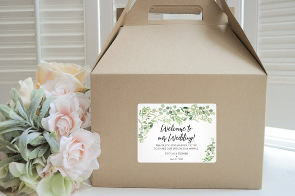 Wedding Welcome Boxes and Stickers, Wedding Hotel Guest Gable Boxes, Greenery Leaves Wedding Guest Favors Out of Town Guest - Set of 6