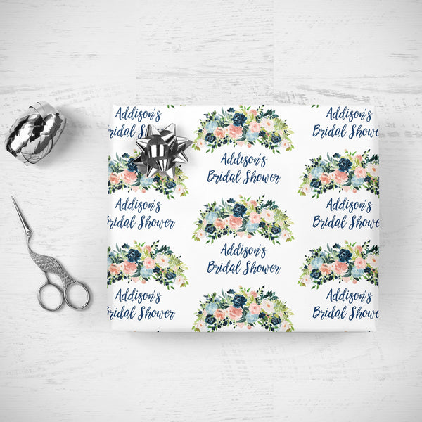 Bridal Shower Wrapping Paper Navy Blue Pink Floral, Personalized Bridal Shower Wedding Gift Wrap Sheets, Unique Present Wrapping Paper