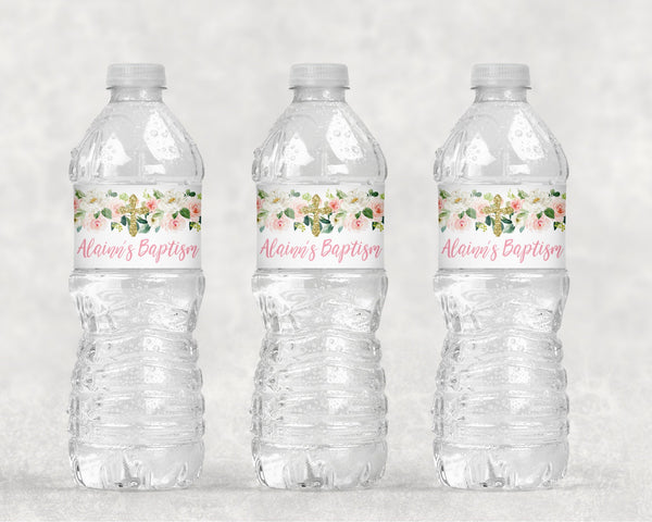 Baptism Water Bottle Labels Blush Floral, Girls Baptism Decorations Waterproof Bottle Wraps, Baby Christening, First Communion - Set of 10