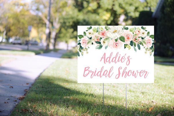 Bridal Shower Yard Sign Pink Blush Floral, Girl Bridal Shower Lawn Sign, Virtual Bridal Shower Social Distancing 24” x 18" Printed Sign