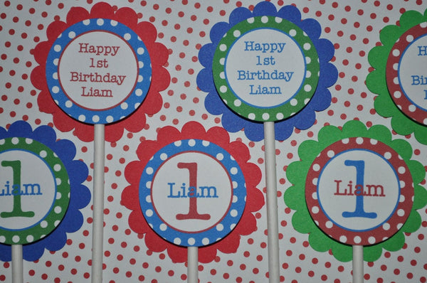 Boys 1st Birthday Cupcake Toppers, Boys Birthday Party Decorations, 1st Birthday Party, Primary Red, Blue and Green Polkadots - Set of 12