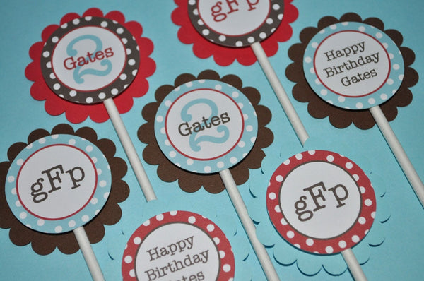 Boys Birthday Cupcake Toppers, 1st Birthday, 2nd Birthday, Red, Brown and Blue, Polkadots, Personalized Birthday Decorations - Set of 12