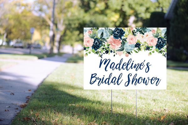 Bridal Shower Yard Sign Navy Blue Pink Floral, Bridal Shower Lawn Sign, Virtual Bridal Shower Social Distancing 24” x 18" Printed Sign