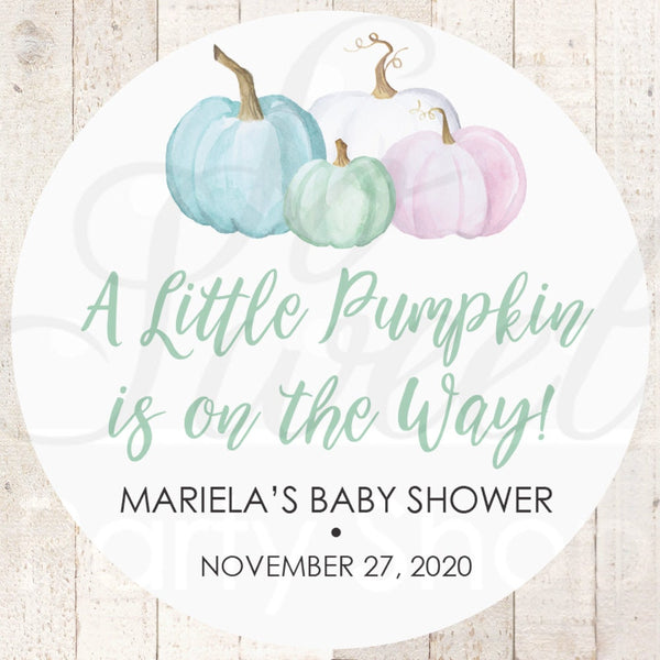 Pumpkin Baby Shower Favor Stickers, Gender Reveal Baby Shower Favor Stickers A Little Pumpkin Is On The Way Pink & Blue - Set of 24 Stickers