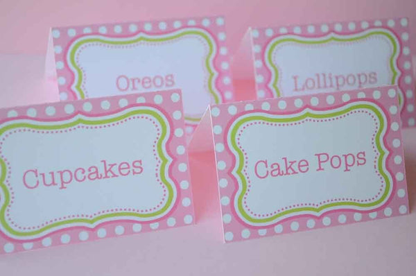 Food Labels or Placecards - Polkadots Pink and Lime Green - Girls 1st Birthday - Girls Baby Shower - Personalized and Printed - Set of 12