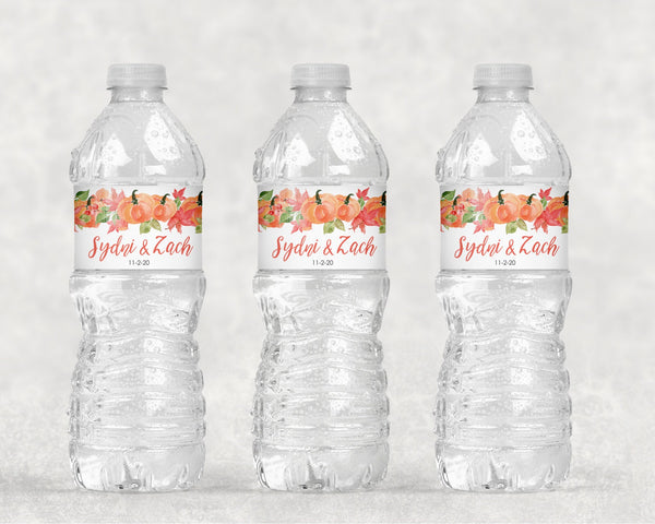 Wedding Water Bottle Labels Orange Pumpkin Fall Wedding, Bridal Shower Water Bottle Label, Wedding Shower Waterproof Bottle Wrap - Set of 10