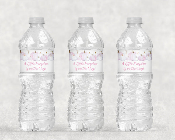 Pink Pumpkin Baby Shower Water Bottle Labels, Fall Baby Shower Water Bottle Labels, A Little Pumpkin Is On The Way Baby Shower - Set of 10