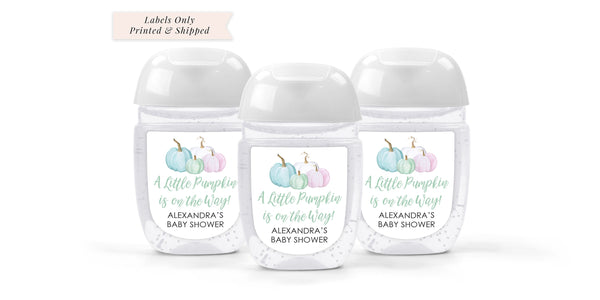 Pink and Blue Pumpkin Baby Shower Sanitizer Favor Labels   Hand Sanitizer Labels, Gender Reveal Shower - Set of 30 Labels