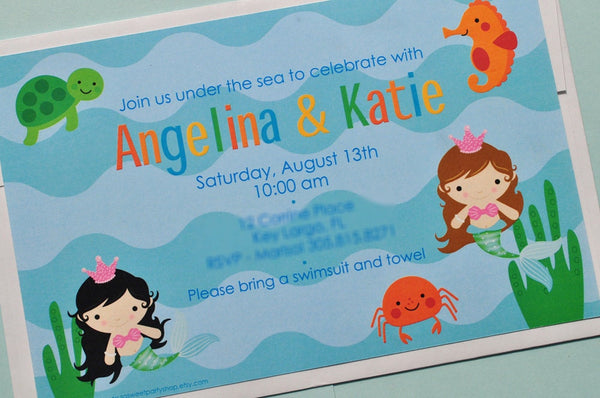 Mermaid Birthday Invitations, Under The Sea Birthday Party, Pool Party Invitations, Summer Birthday, Mermaids, Sea Creatures - Set of 10