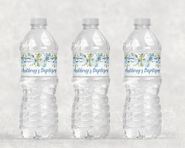 Baptism Water Bottle Labels Blue Floral, Boys Baptism Decorations Waterproof Bottle Wraps, Baby Christening, First Communion - Set of 10