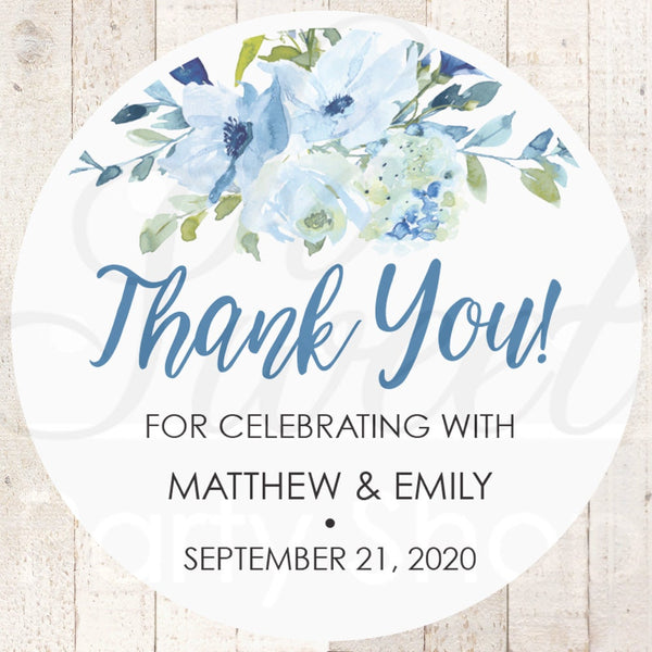 Wedding Favor Stickers, Thank You Stickers, Wedding Favor Sticker Labels, Bridal Shower Sticker Favors Blue Floral - Set of 24 Stickers