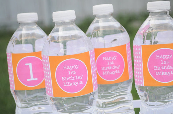 Water Bottle Labels Personalized Drink Labels - 1st Birthday Party Decorations - Orange, Pink and White Polkadots - Set of 10