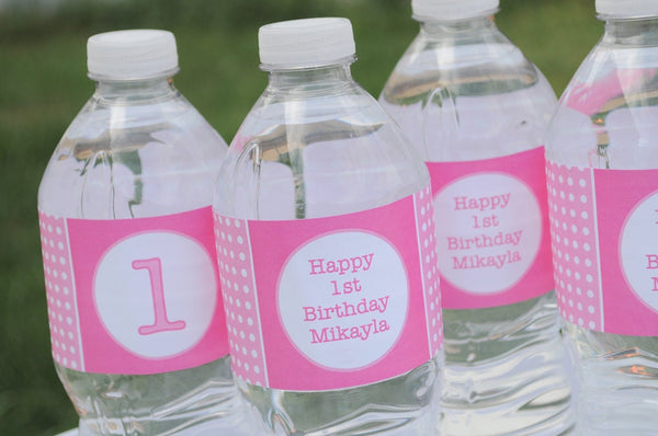 Water Bottle Labels, Girls 1st Birthday, Baby Shower Water Bottle Labels, Pink and White Polkadots, Personalized Drink Labels - Set of 10