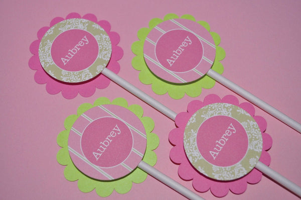 Cupcake Toppers Girls Baby Shower, 1st Birthday Cupcake Toppers, Party Decorations, Personalized Cupcake Toppers, Pink and Green - Set of 12