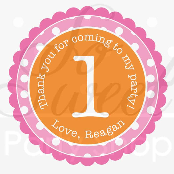 1st Birthday Favor Sticker Labels, Thank You Stickers, Birthday Favors, Girls 1st Birthday - Orange, Pink and White Polkadots - Set of 24